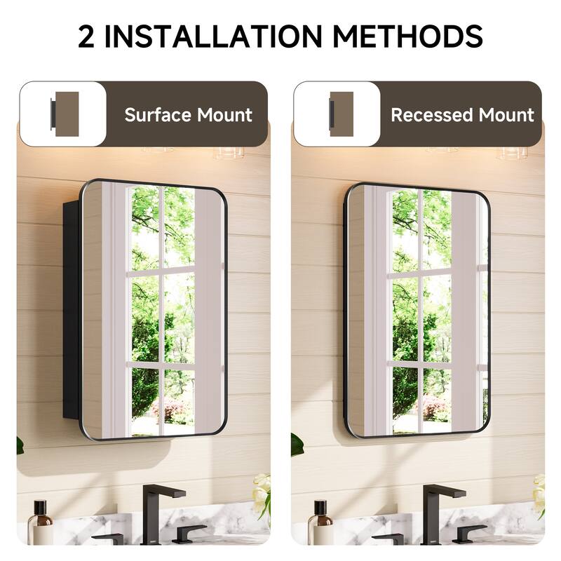 20x30 in Black Framed Mirrored Medicine Cabinet, Recessed/Surface Mount, Tempered Glass Shelves, Fully Assembled