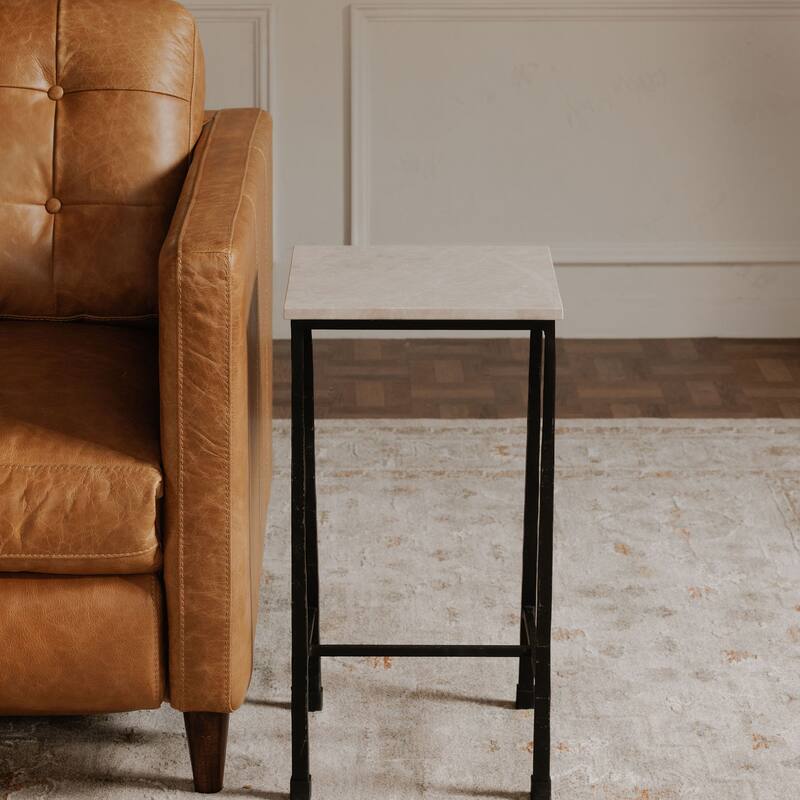 NADAAL STUDIOS Tylienne Side Table, Italian Botticino Marble, Hammered Blackened Iron Base