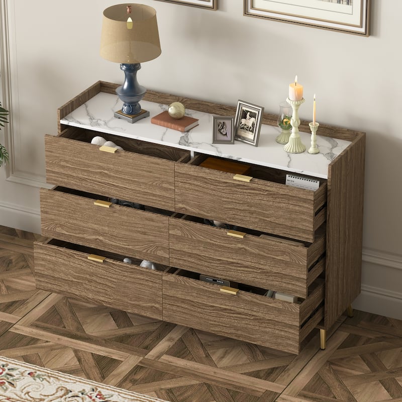 Long 6 Drawer Dresser with Marbling Worktop - Bed Bath & Beyond - 39911265