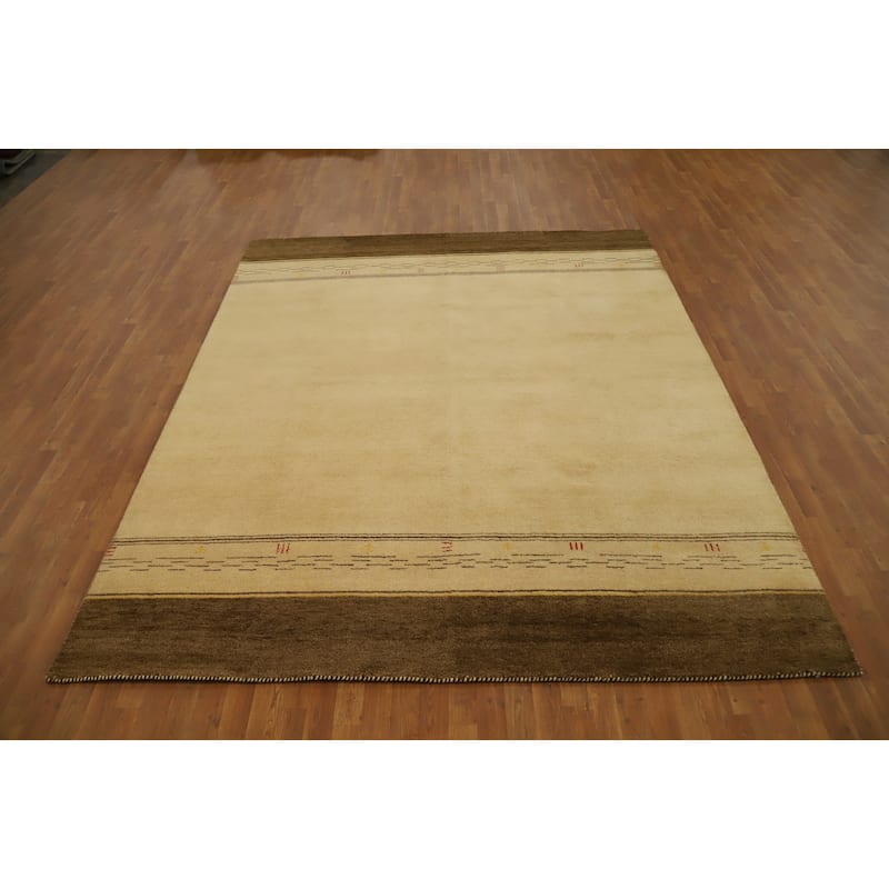 Hand Knotted Oriental 100% Wool Carpet Modern Geometric Beige & Ivories Gabbeh Area Rug - 9' 11'' X 8' 3''