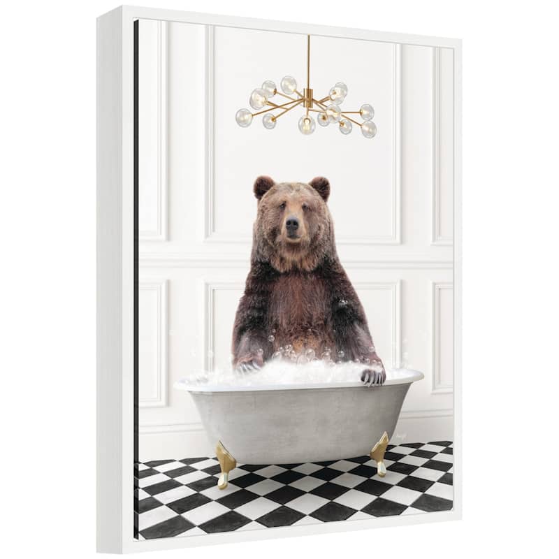 Kate and Laurel Sylvie Bear in Gray Bathtub on Checker Floor Framed Canvas by Amy Peterson - White