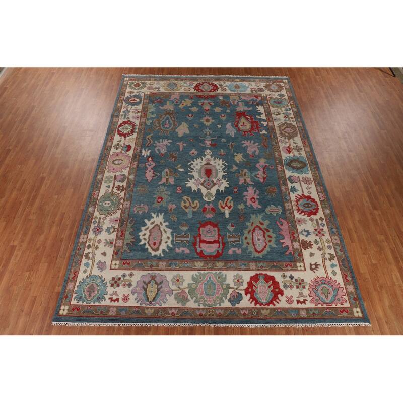 Light Blue Floral Oushak Large Area Rug Handmade Wool Carpet - 9'11" x 13'8"
