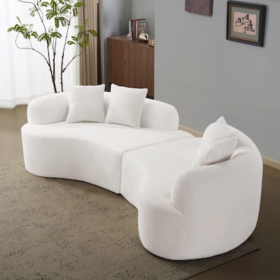 Curved Four Seater White Sofa, Teddy Velvet Fabric, Foam+Spring, Compact for Small Spaces
