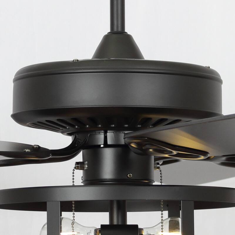 52" Industrial Black 5 Blades Caged Ceiling Fan with Light and Pull Chain