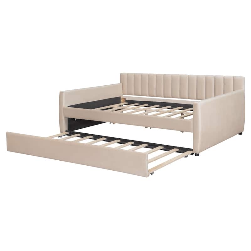 Full Size Upholstered daybed with Trundle and Wood Slat Support
