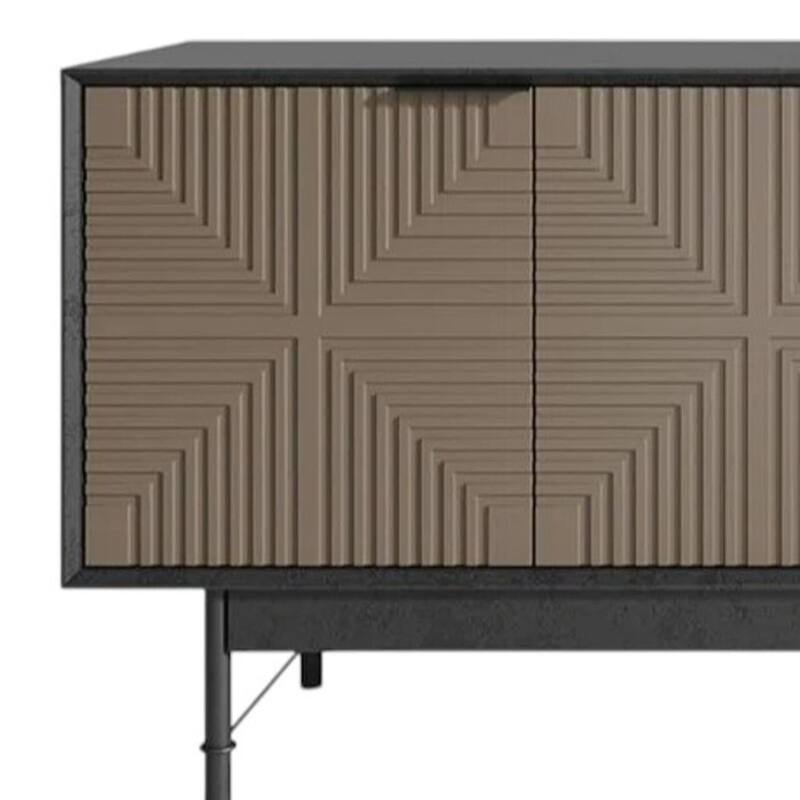 HomeRoots 65" Beige And Black Wood Carved Geo Texture Enclosed Storage TV Stand - 64.50 in. x 26.06 in. x 15.35 in.