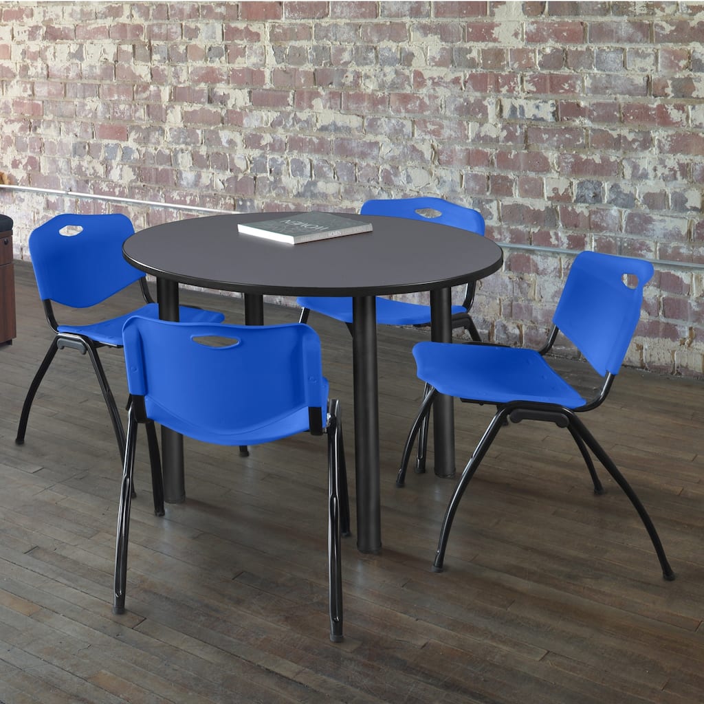 36" Round Breakroom Table- Grey/ Black & 4 'M' Stack Chairs- Blue