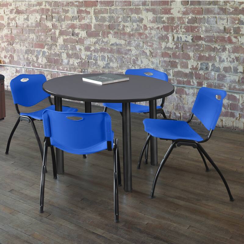 36" Round Breakroom Table- Grey/ Black & 4 'M' Stack Chairs- Blue
