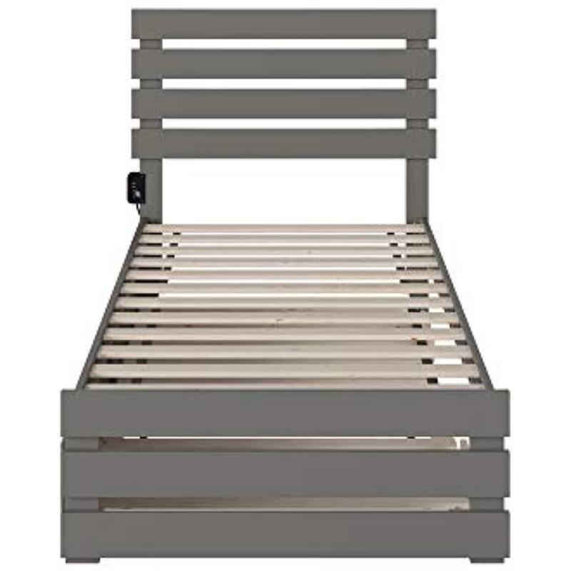 Twin Bed with Trundle & USB Charger - Modern Farmhouse Style, Solid Wood Frame, 78" x 42"