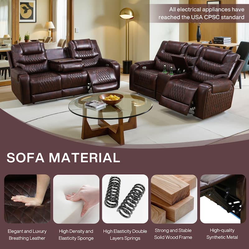 Breathing Leather 3-Piece Couch Recliner Sofa Set for Living Room