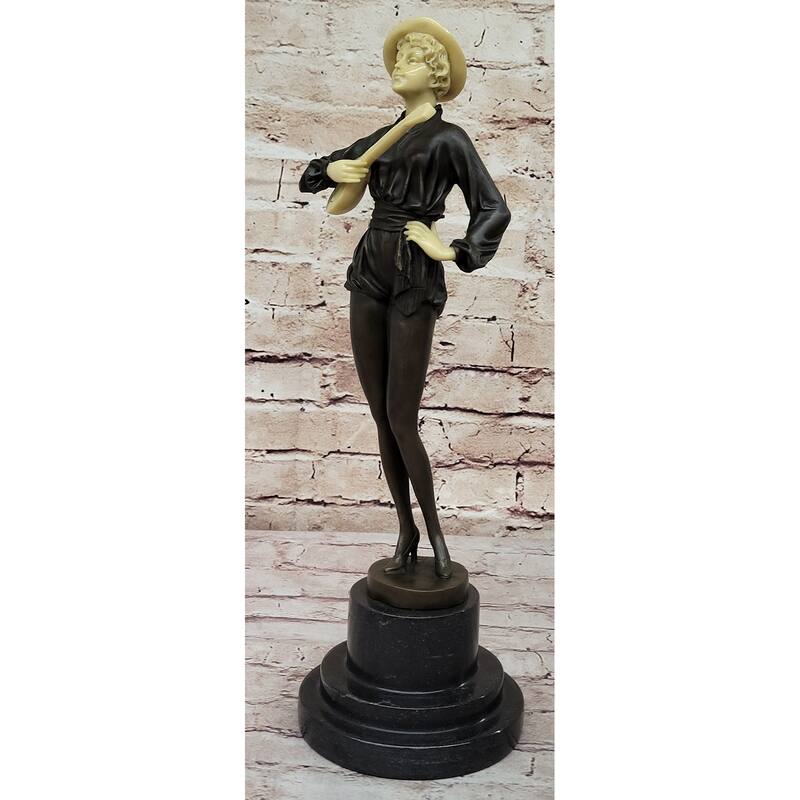 Hot Cast Bronze Mandolin Guitar Player Sculpture Figure W/ Resin Highlights