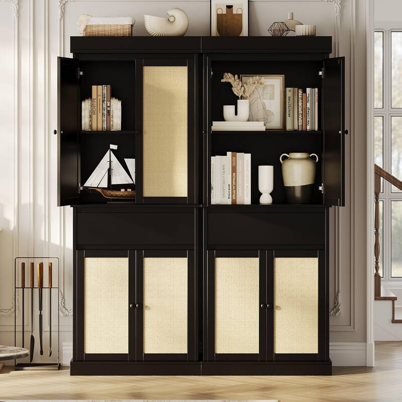 Kitchen Pantry Cabinet, Tall Storage Cabinet with Rattan Doors and Adjustable Shelves, Freestanding Cupboard