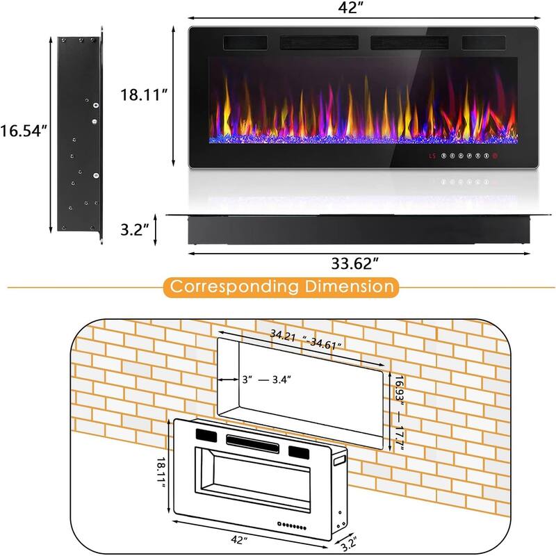Bossin Electric Fireplace Recessed and Wall Mounted,750/1500W Fireplace Heater and Fireplace with Touch Screen Control Panel - 50 inch