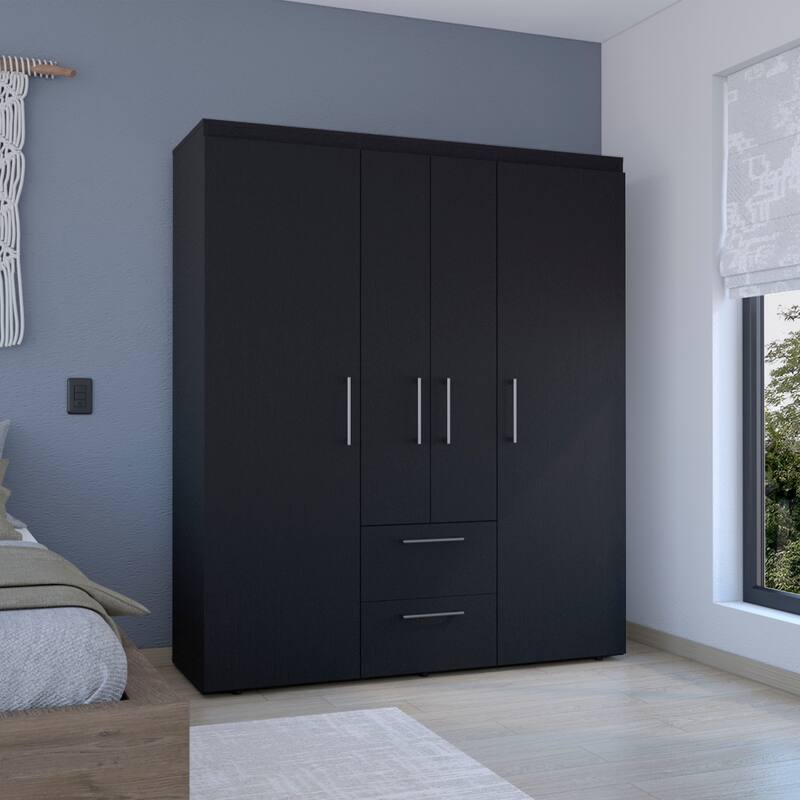 19.8" Modern Four-door Armoire with Multiple Storage Options and Metal Accents - Black