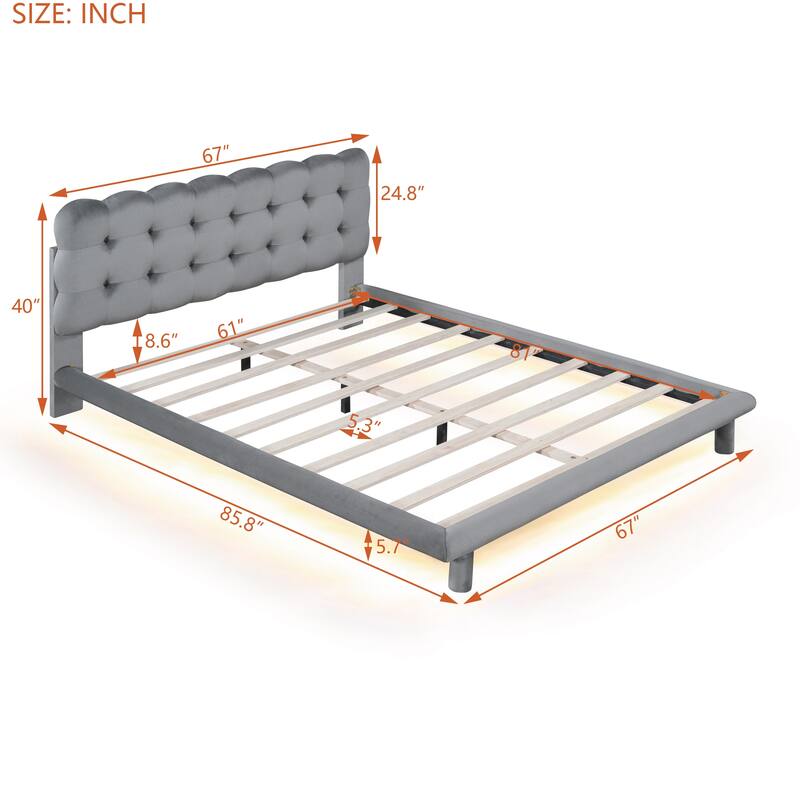 Velvet Platform Bed with LED Frame