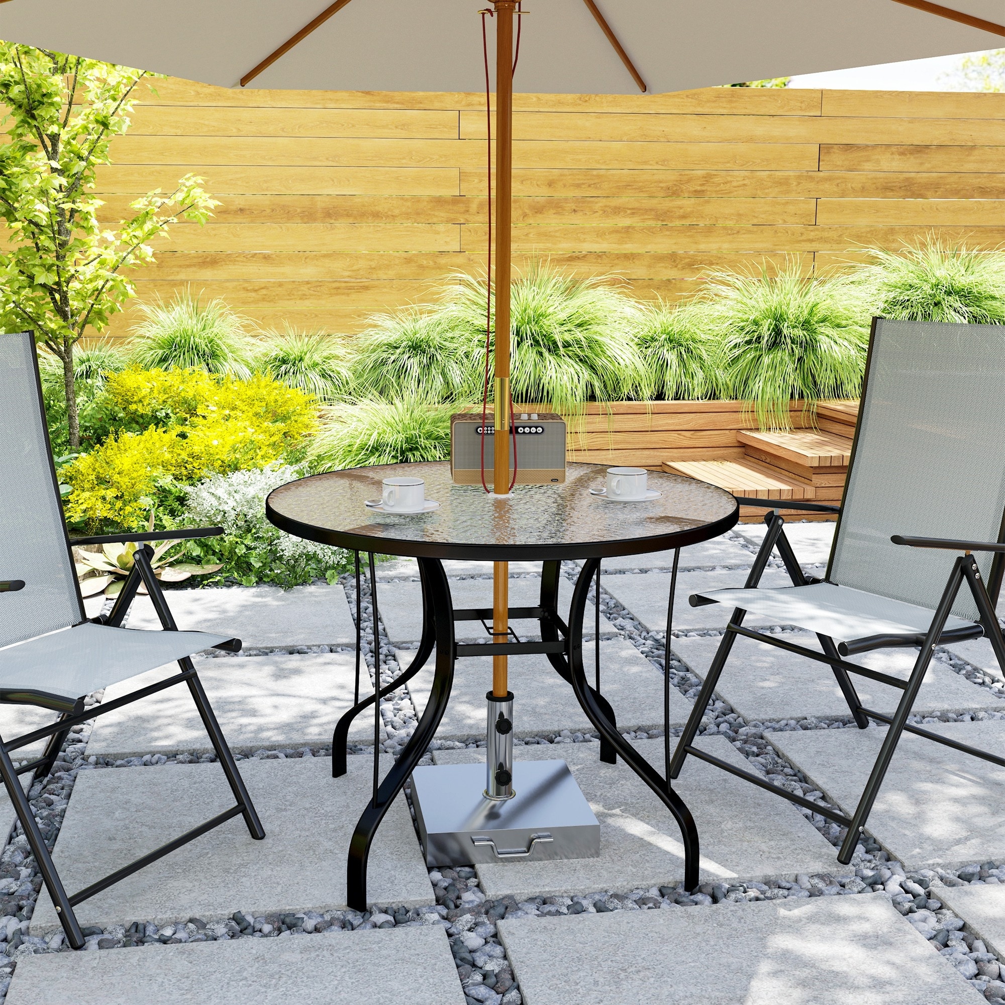 32 inch round patio table with umbrella hole Vicllax 35" Bar and Storage Shelf Vicllax Outdoor in hole in the center of glass top is designed for install umbrella. Bistro Table Tempered Glass Patio