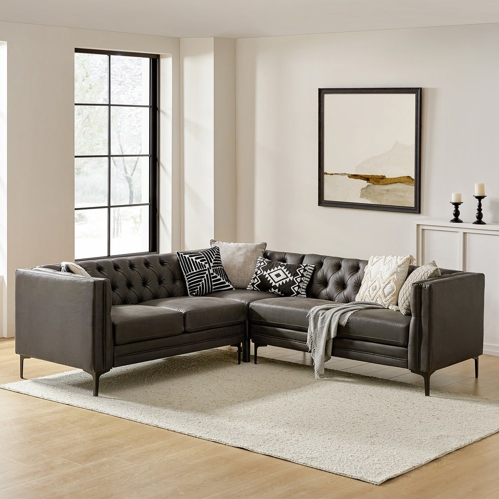 Moira Transitional Genuine Leather Corner Sectional Sofa with Tufted Back and Metal Leg by HULALA HOME