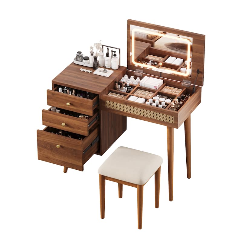 39" Retro Makeup Vantiy Set with Flip-Top Mirror and LED Lights, Walnut Dressing Table Desk with Stool