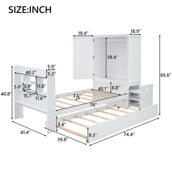 Twin Platform Bed with Storage, Pull Out Shelves, Trundle, White