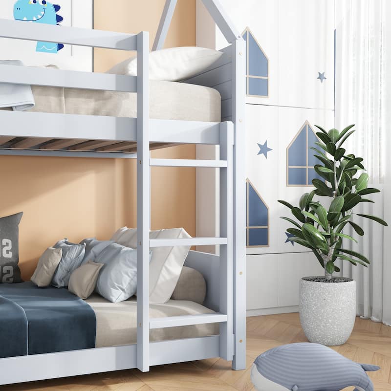 Twin House-Style Bunk Bed with Solid Wood Frame, Low Design, Ladder & Safety Rails for Children