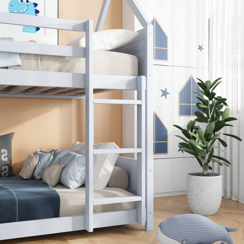 Twin Over Twin House Floor Bunk Bed with Headboards, Footboards, Guardrails, Ladder, Light Grey