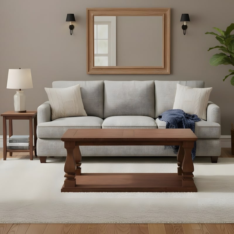 Farmhouse Coffee Table with Open Bottom Shelf for Living Room - Walnut Brown