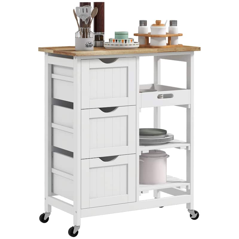 Rolling Kitchen Island Cart, Bar Serving Cart with Wood Top, Shelves & Drawers for Home Dining Area - White