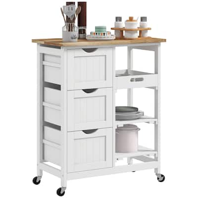 Rolling Kitchen Island Cart, Bar Serving Cart with Wood Top, Shelves & Drawers for Home Dining Area