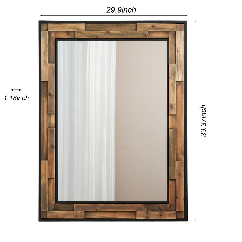 Rectangular wall-mounted mirror with a wood and metal frame, suitable for decorating living rooms and entryways
