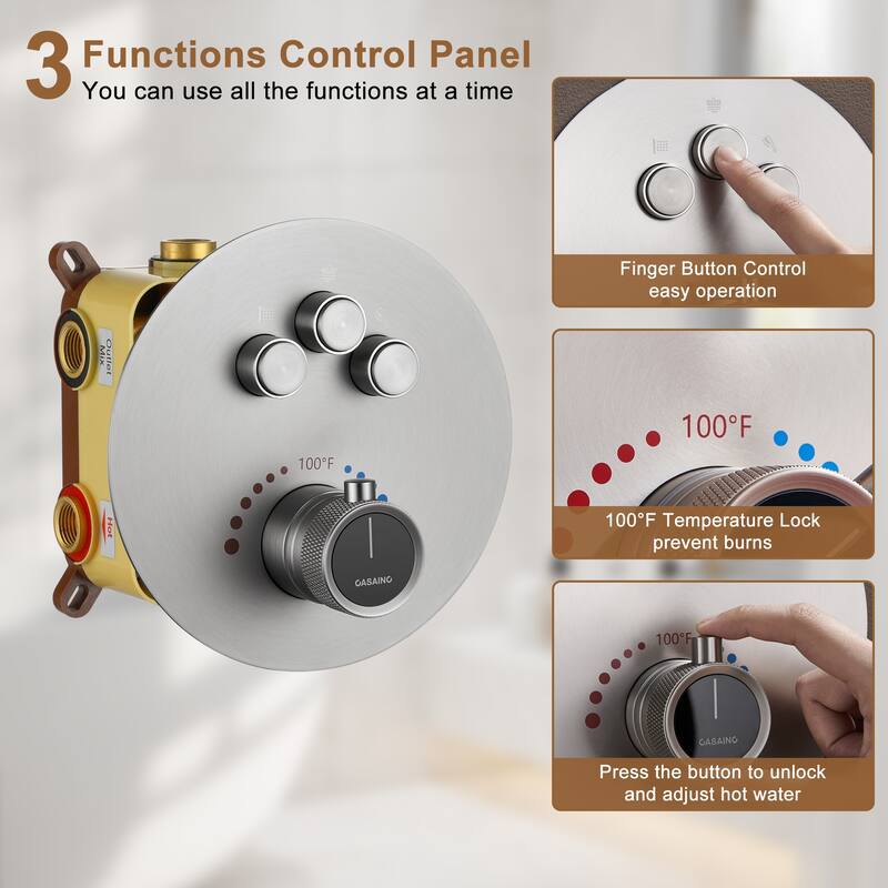 CASAINC 3-function Luxury Thermostatic Dual Shower Faucet Shower System with 6 Body Spray Jets