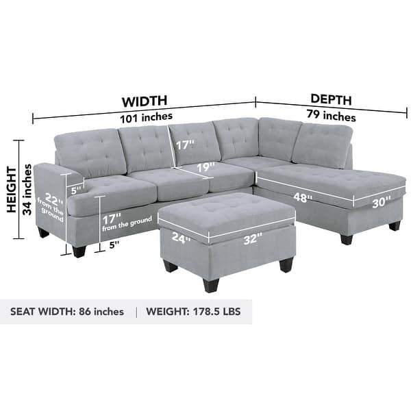 dimension image slide 1 of 4, Reversible 3-piece Microfiber Suede Sectional Sofa with Ottoman