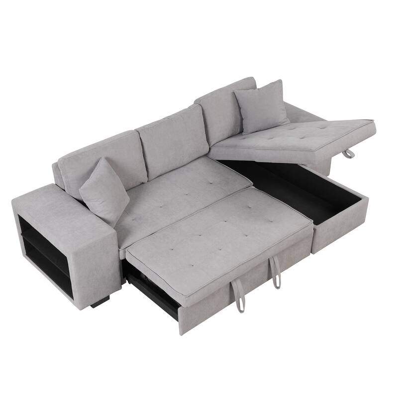 Modern L-Shape 3 Seat Reversible Sectional Couch, Pull Out Sleeper Sofa with Storage Chaise and 2 Stools