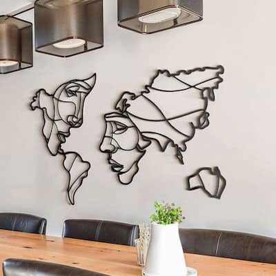 Faces of World Map Metal Wall Art, Home Living Room Decor