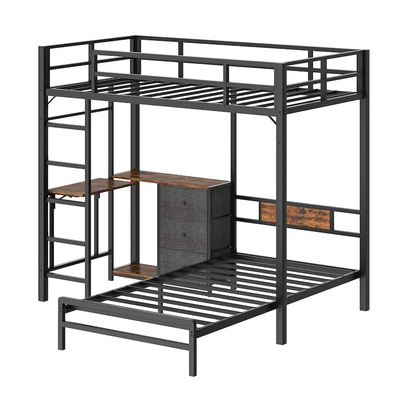 Metal Bunk Bed with Folding Table, 3 Storage Drawers, LED Lights & USB Ports