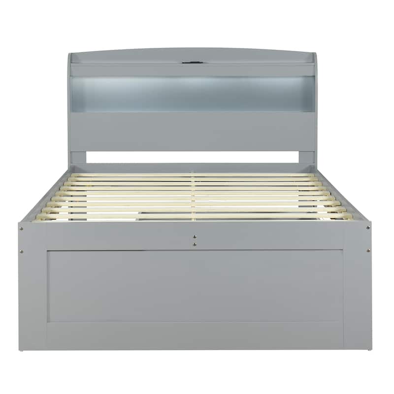 Full XL Size Platform Bed with Storage LED Headboard, Charging Station, Twin Size Trundle, and 2 Drawers