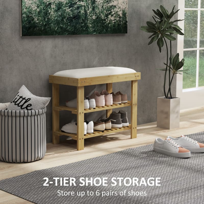 Wicker Two-Tier Storage Shoe Bench with Linen Cushion and Entryway Seating for Home and Hallway - 23.6" W x 11.4" D x 19.3" H