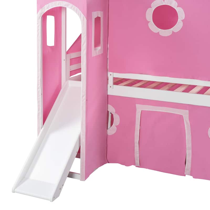 Twin Size Cute Solid Wood House Loft Bed with Slide, Tent, and Tower for Bedroom
