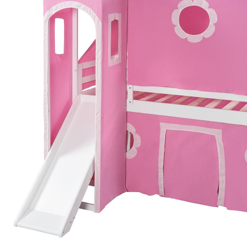 Twin Size Loft Bed with Slide & Pink Tent Tower - Playful & Practical
