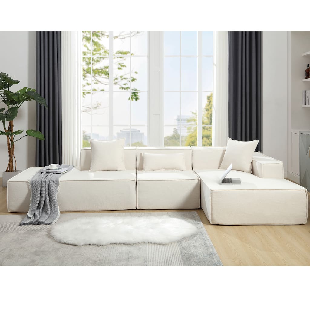 Modular Combination Modern Minimalist L-shaped Sofa, Beige Terrycloth Fabric, Free Installation