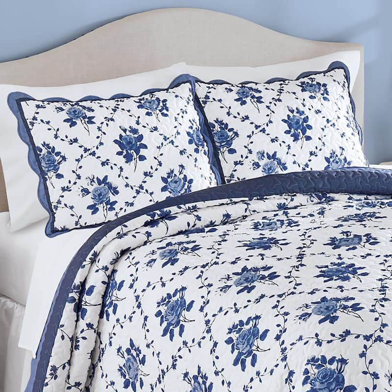 Brielle Rose Bouquet Trellis Rose Design Scalloped Edge Pillow Sham - Blue Multi