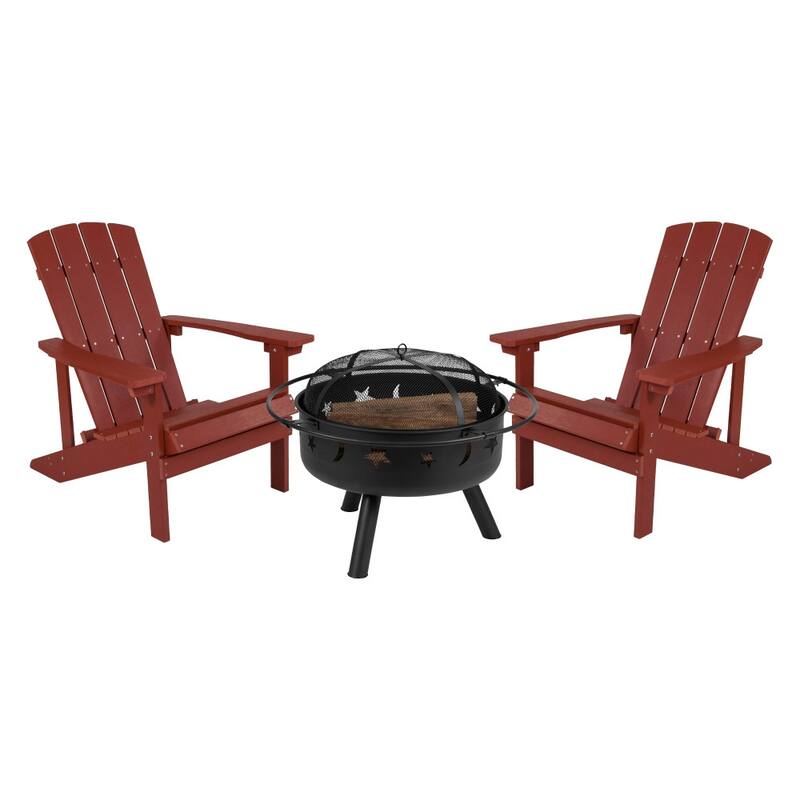 Star and Moon Fire Pit with Mesh Cover & 2 Poly Resin Adirondack Chairs