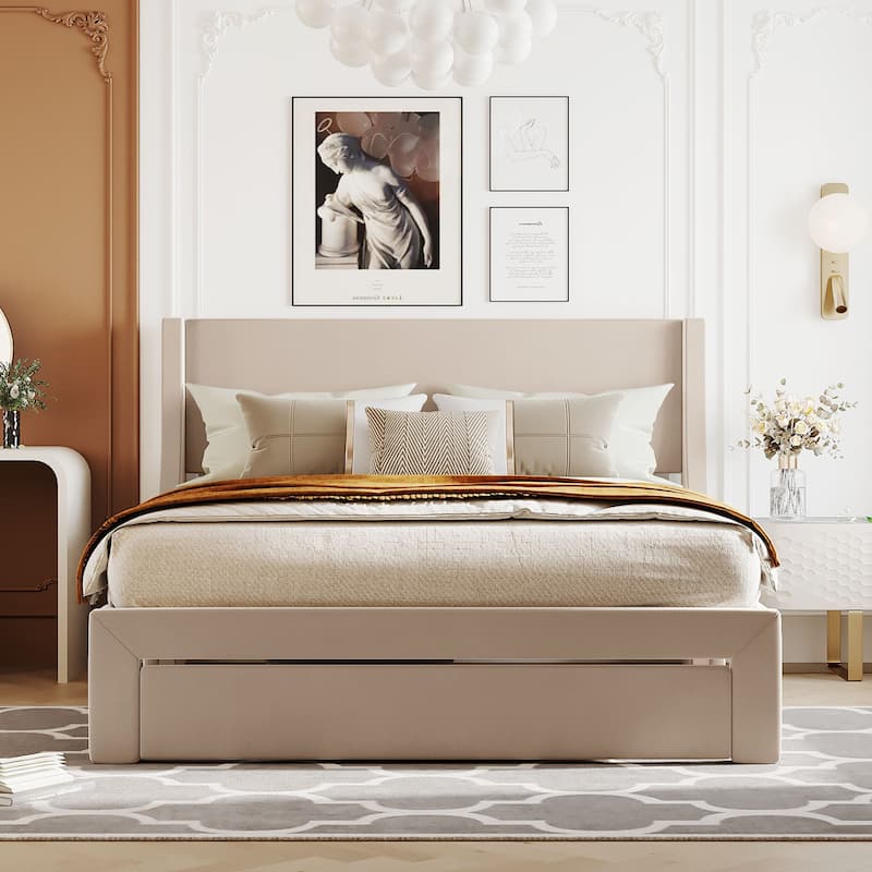 Elegant Velvet Upholstered Storage Platform Bed with Big Drawer