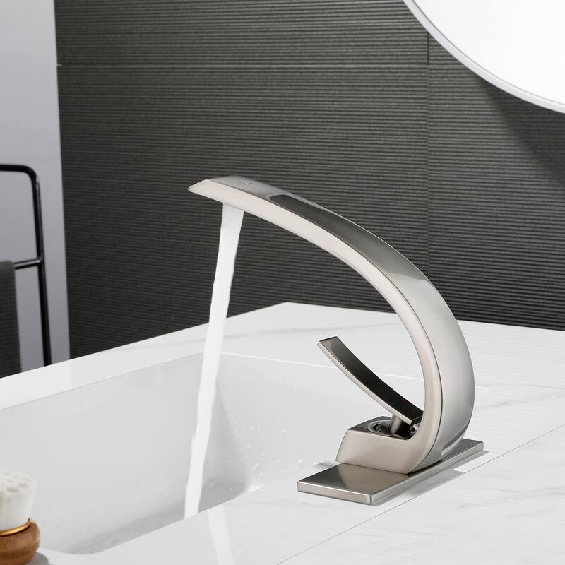 Modland C-Shaped Single Hole Bathroom Faucet, 500K Cycle CUPC Certified, 6-Inch Cover Plate, Black / Gold / Nickel / Chrome