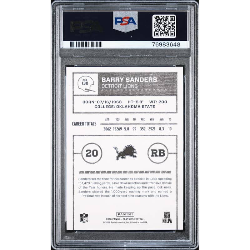 Barry Sanders 2016 Panini Classics White Jersey Football Card #138 Graded PSA 10 - 8'6" x 11'6"