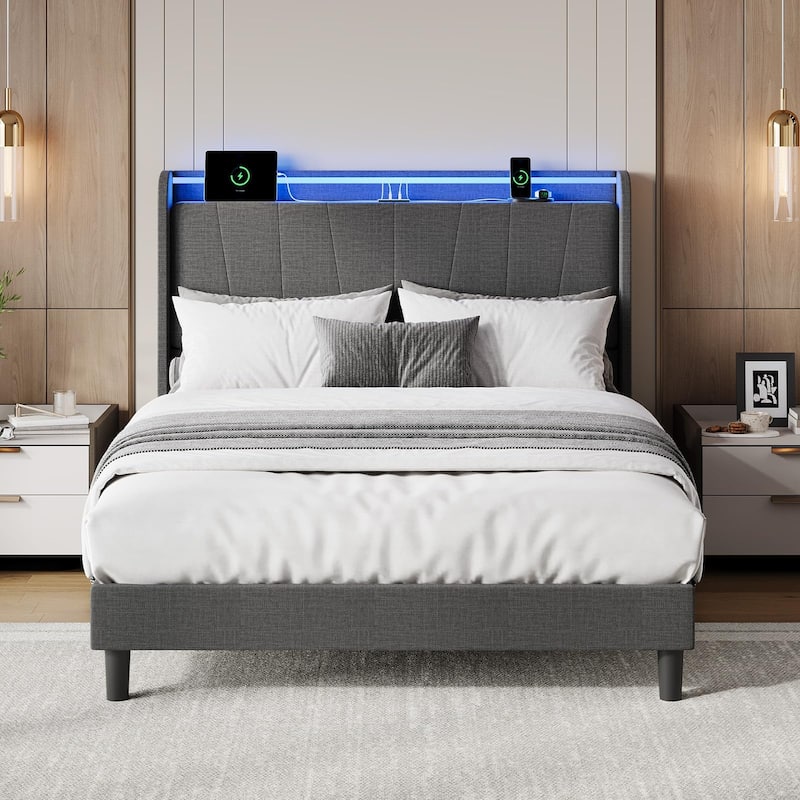 Bed Frame with Charging Station and LED Lights, Modern Platform Bed with Wooden Slats, Upholstered Headboard