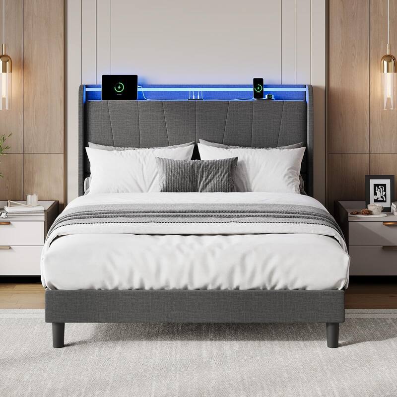 Twin Size Bed Frame with Charging Station and LED Lights, Modern Platform Bed with Slats