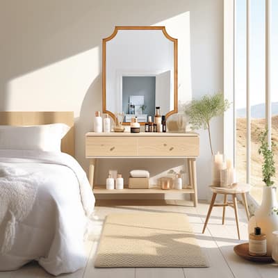Full Scalloped Corners Arch Farmhouse Style Rectangle Wall Mirror with Wood Frame