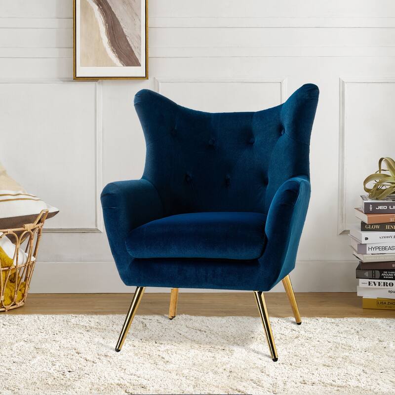 Eusebio Tufted Velvet Accent Chair with Wingback, Arms, and Metal Gold Legs for Living Room or Bedroom by HULALA HOME