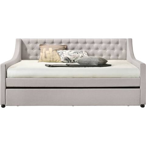 Fully Upholstered Full Daybed with Trundle and Button-tufted Back Panel in Fog