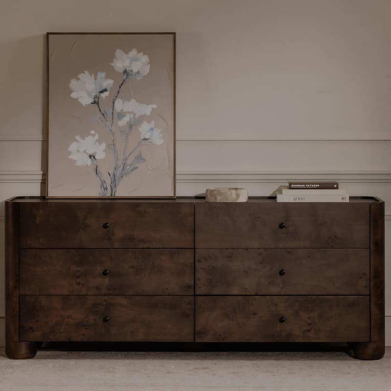NADAAL STUDIOS Virel Dark Brown Burl Veneer and Solid Oak 6-Drawer Dresser with Lip Detail